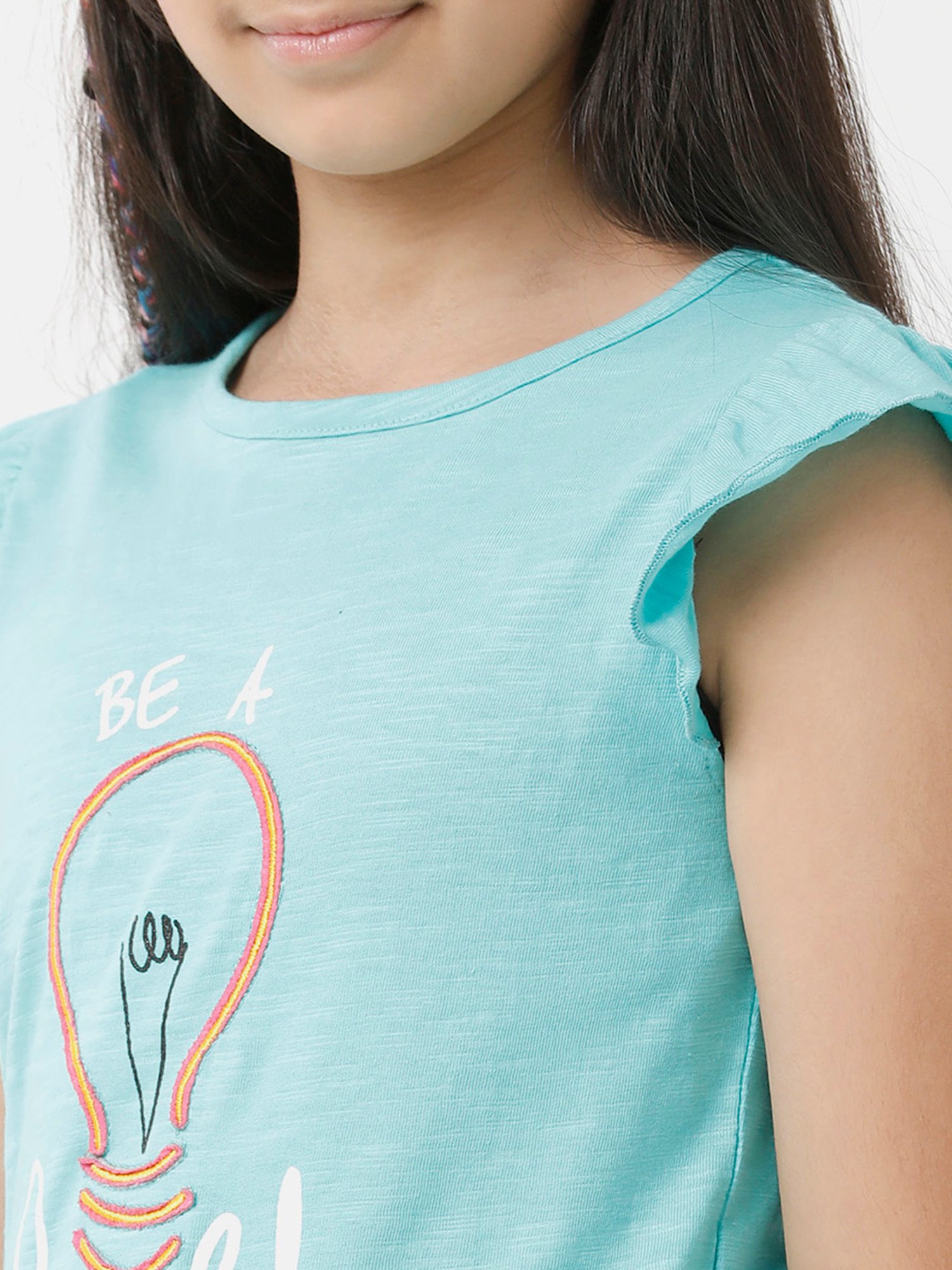 Under Fourteen Only Kids Aqua Blue Embroidered Top