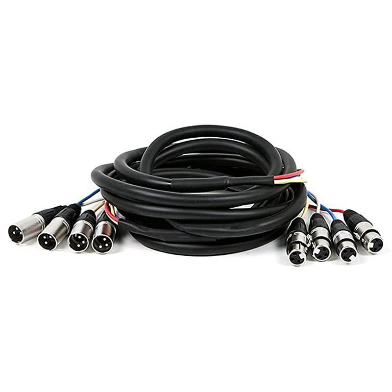 4-Channel XLR Male to XLR Female Snake Cable Cord - 15 Feet- Black/Silver with Metal Connector Housings Plastic and Rubber Cable Boots