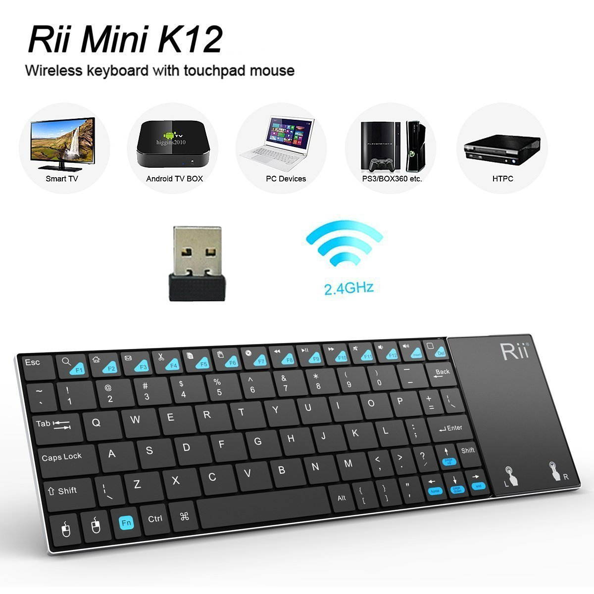 Rii K12 Ultra Slim 2.4GHz Portable Mini Wireless KODI Keyboard With Large Size Touchpad Mouse Stainless Steel Cover And Rechargable Li-ion Battery For PC,Laptop,Raspberry PI 2, MacOS,Linux, HTPC, IPTV