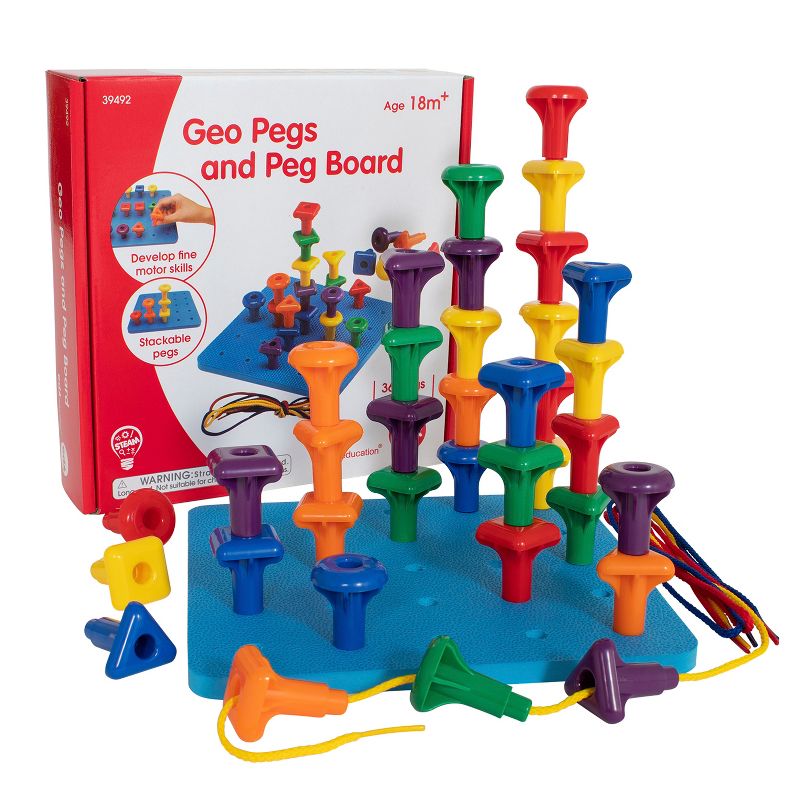 Edx Education Geo Pegs and Peg Board Set - 36 Pegs in 3 Shapes and 6 Colors + 3 Laces - Ages 18m+