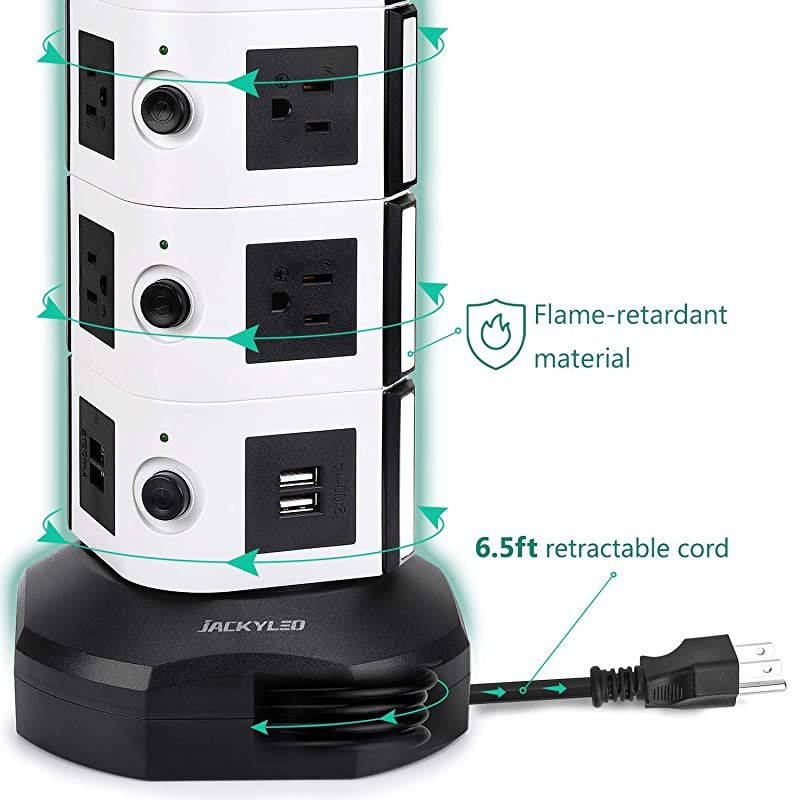 Power Strip Tower  Surge Protector Electric Charging Station 3000W 13A 18 AC Outlets 4 USB Ports with 16AWG 6.5ft Heavy Duty Extension Cord for Home Office