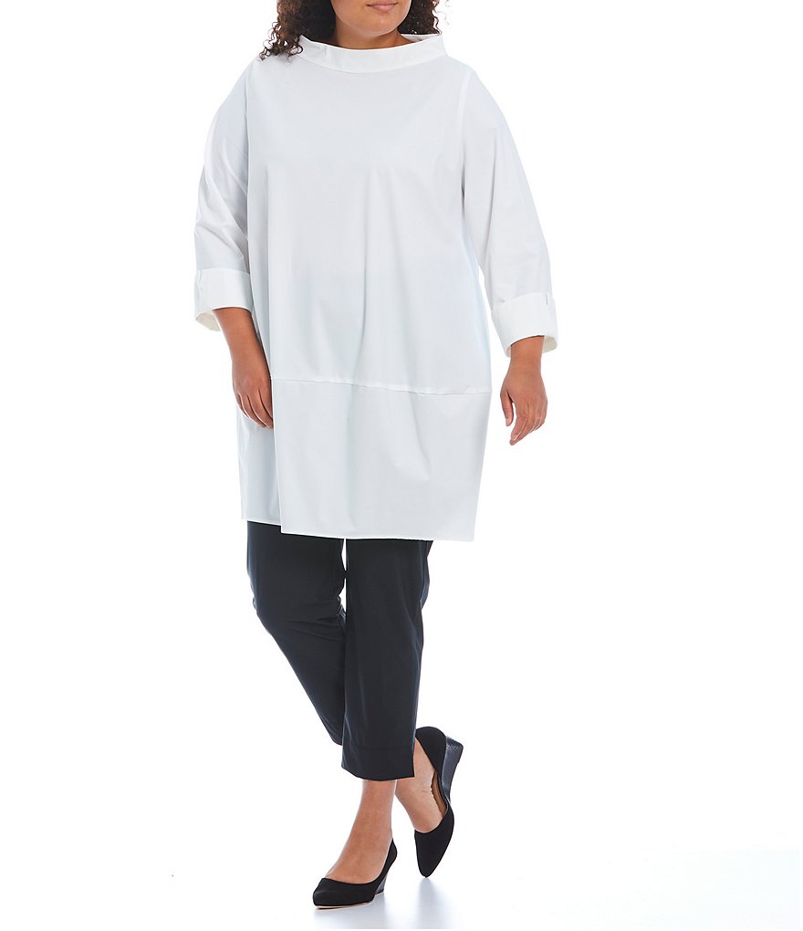 IC Collection Plus Size Stretch Woven Funnel Neck Stand Collar 3/4 Sleeve Tunic