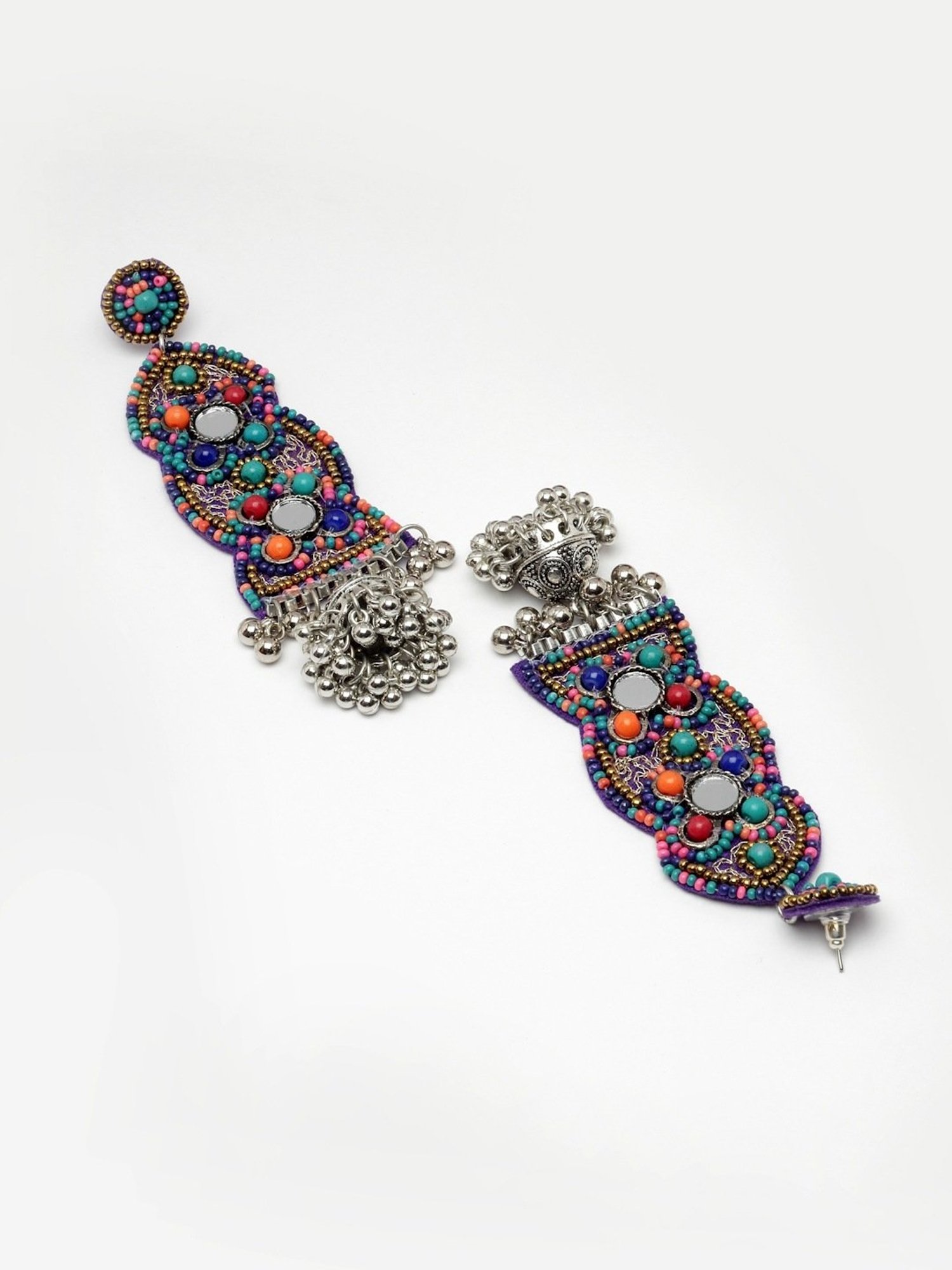 Moedbuille Beads and Mirror Afghan Tribal Design Oxidised Silver Handcrafted Tasselled Earrings