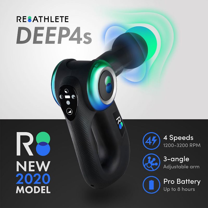 REATHLETE DEEP4S Percussion Therapy Device Handheld Deep Tissue Full Body Massager Gun with 5 Heads, Carrying Case, and 4 Settings for Athletes