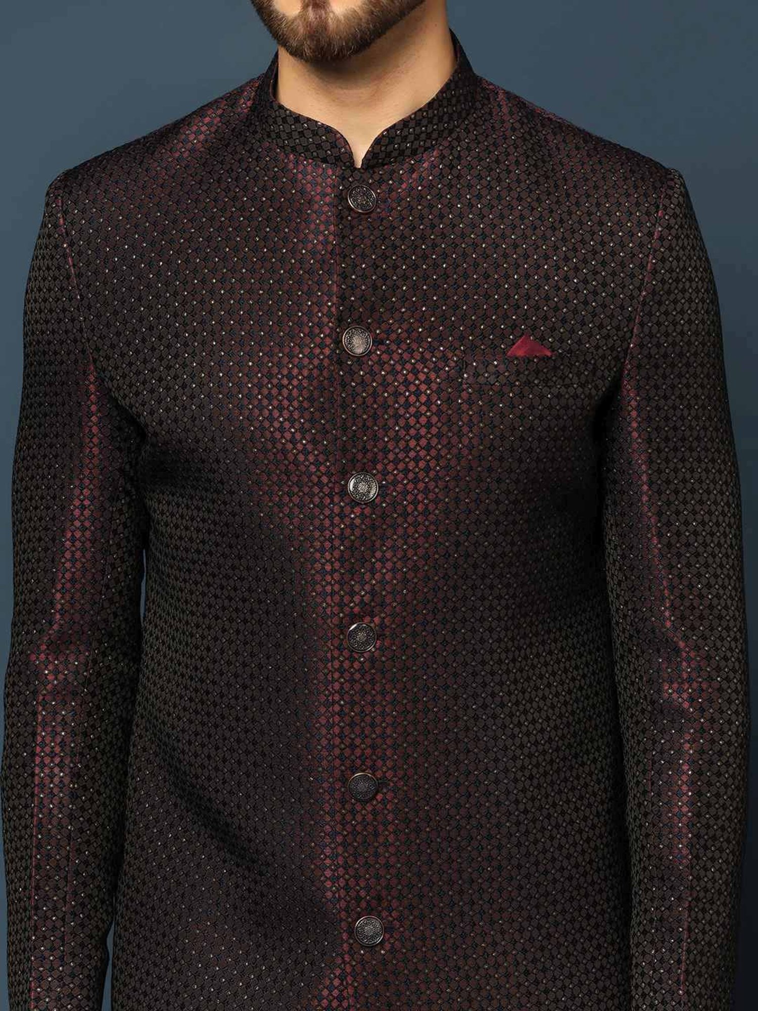 Hangup Plus Beige & Black Regular Fit Printed Sherwani Set