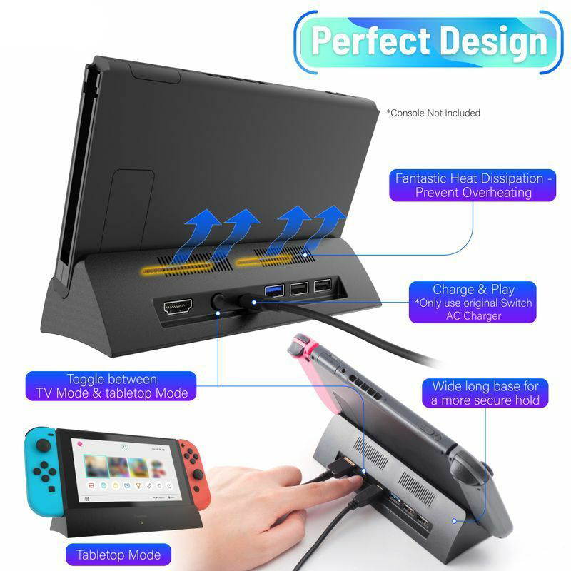 Charging Dock Cradle Stand w/3 USB Port For Nintendo Switch Console TV Video