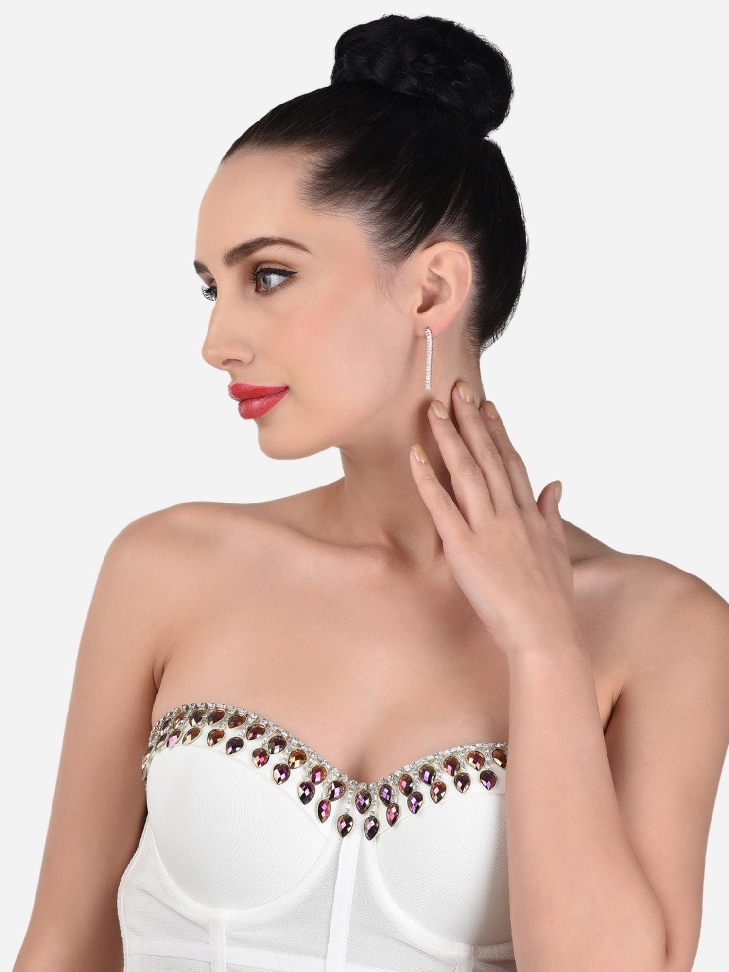 Zaveri Pearls Set of 2 Rose Gold Dazzling Cubic Zirconia Contemporary Drop Earrings - ZPFK13358