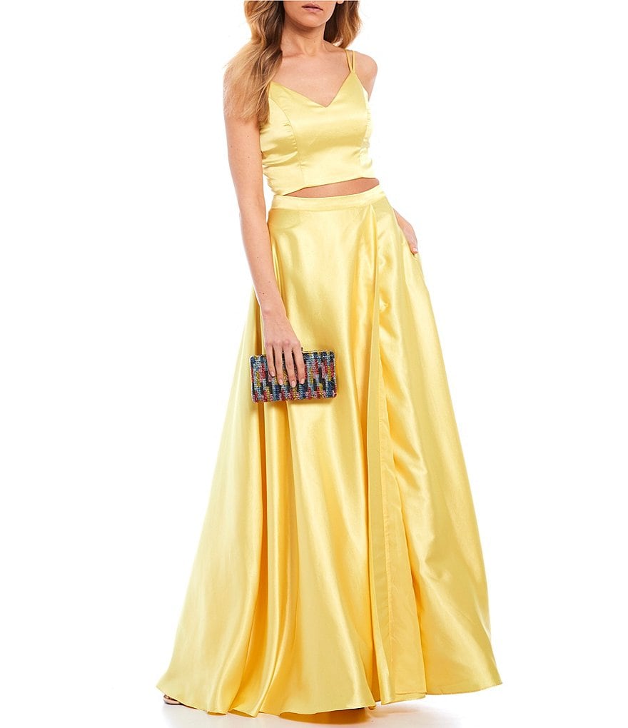 Midnight Doll Spaghetti Strap Satin Two-Piece Long Dress