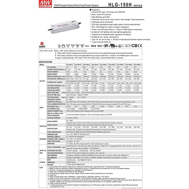 Output Switching Power Supply, 12 Volts @ 12.5 Amps Standard Model, 150W