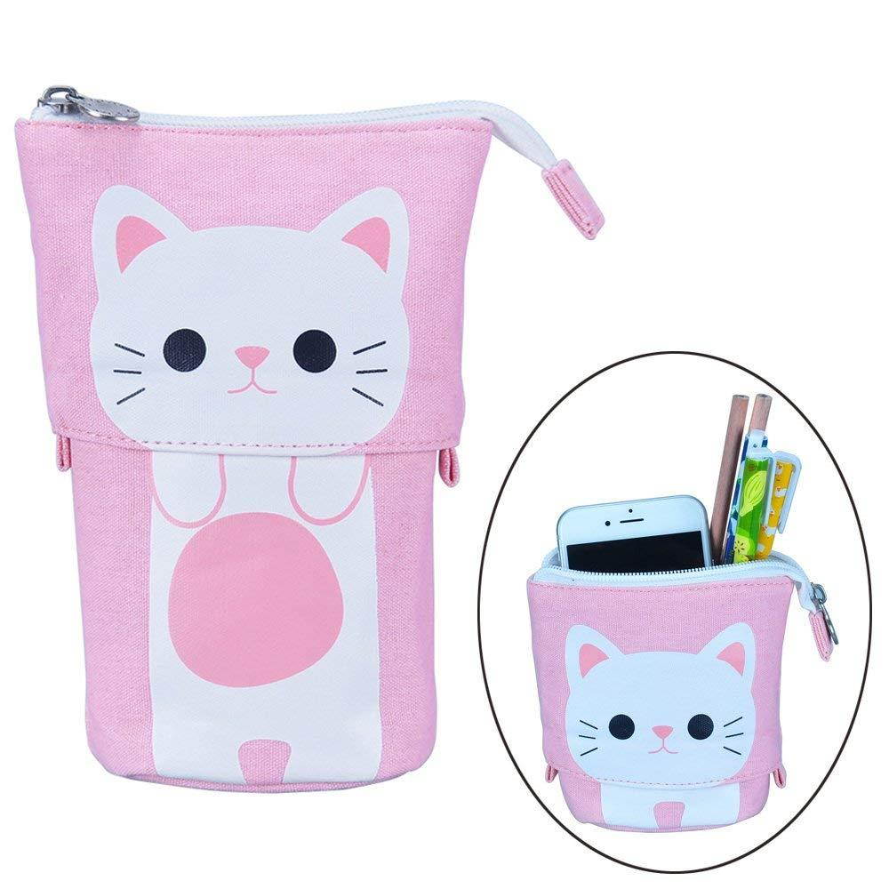 Oyachic Telescopic Pencil Stand Case Canvas Zipper Pen Pouch Small Cosmetics Bag Cute with Inner Pocket (Pink)
