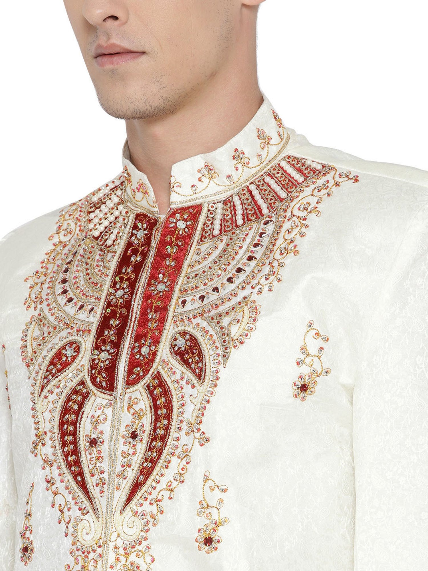 SG LEMAN Cream Regular Fit Embellished Sherwani Set
