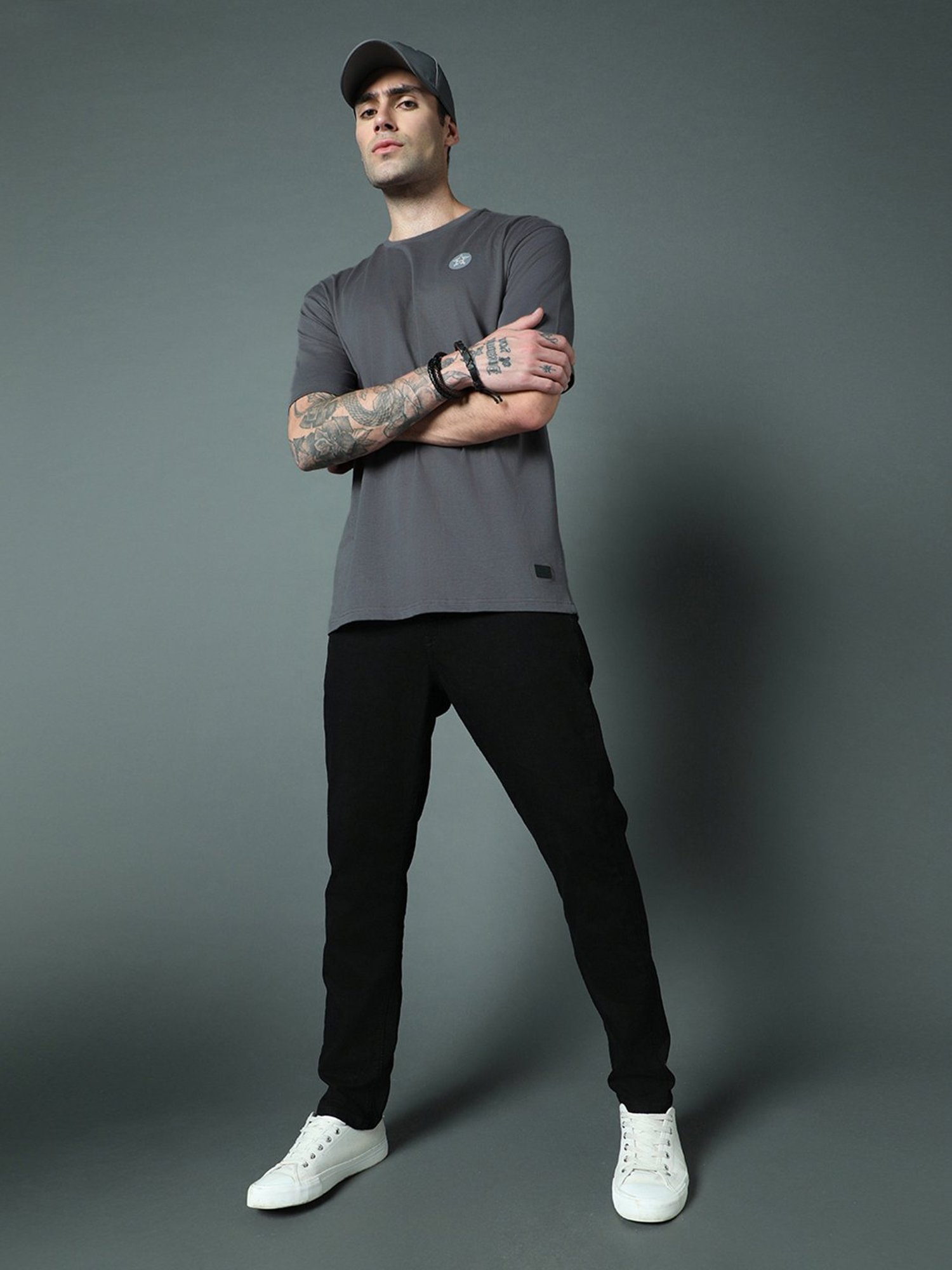 High Star Dark Grey Relaxed Fit Printed Crew T-Shirt