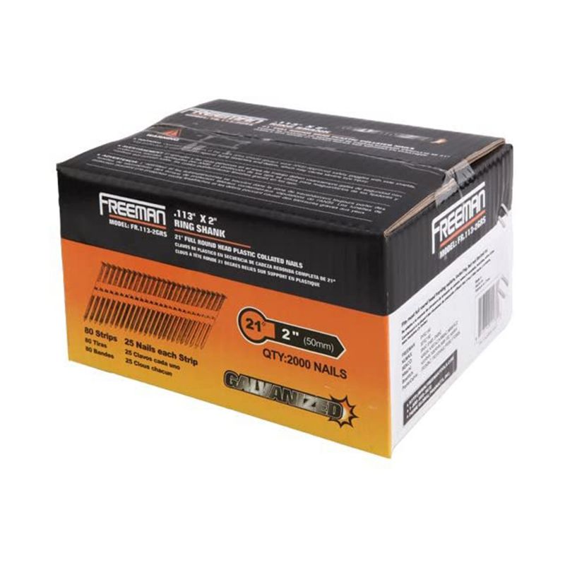 Freeman FR.113-2GRS 21 Degree 2 Inch Ring Shank Collated Galvanized Framing Nails for Siding, Flooring, Framing, and Roofing, 2000 Count (2 Pack)