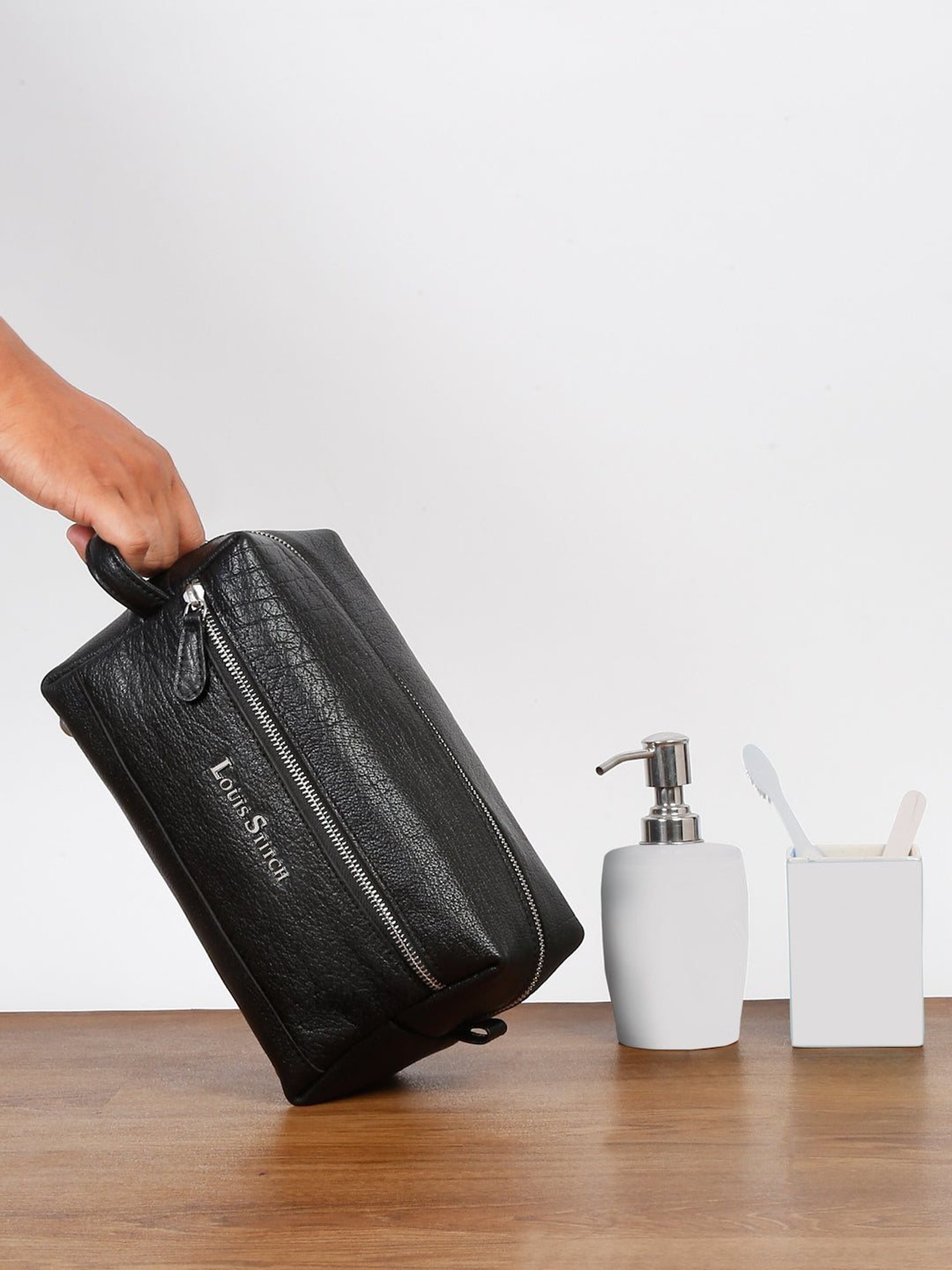 Louis Stitch Jet Black Leather Medium Toiletry Pouch