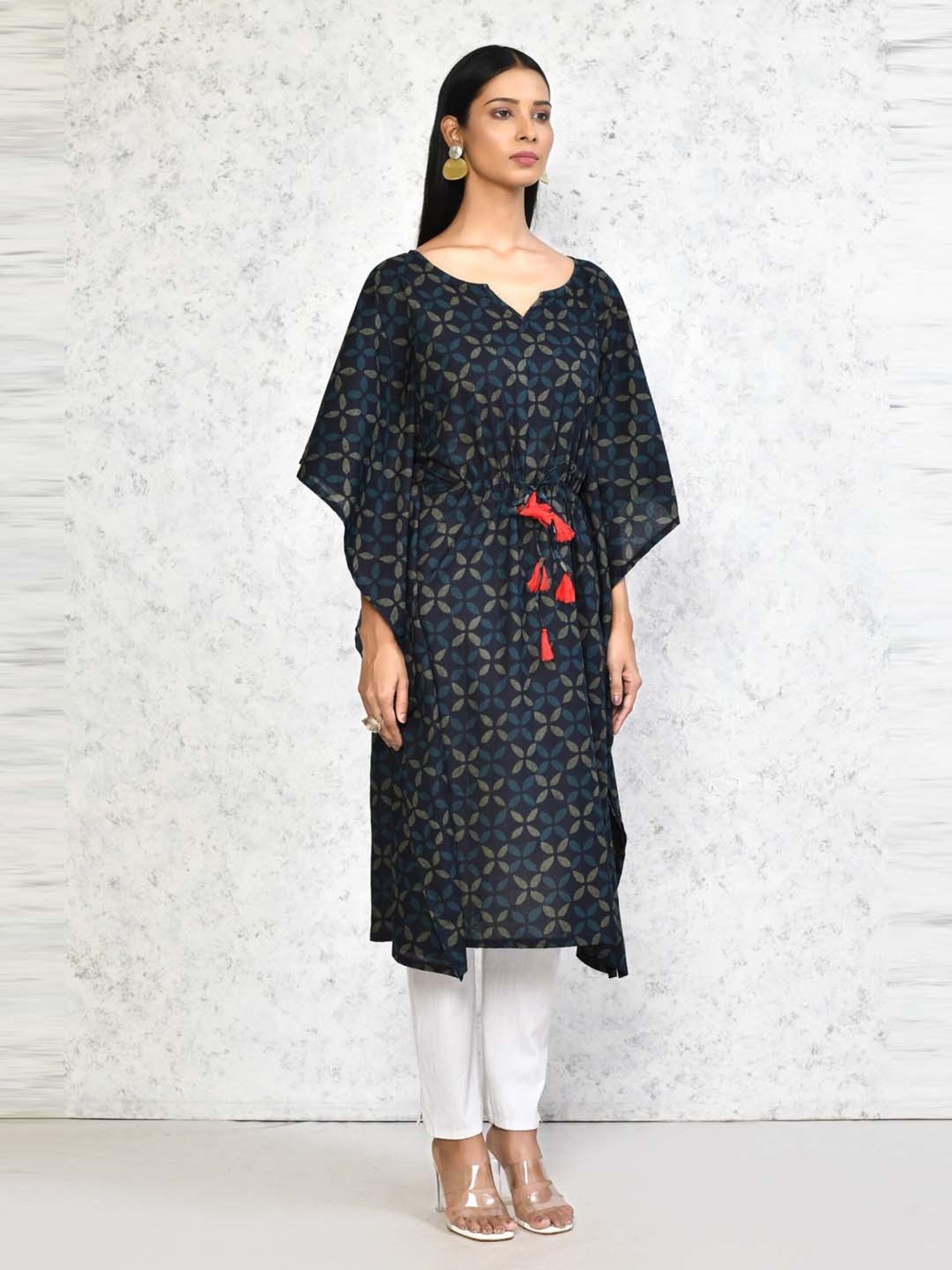 Miravan Blue Cotton Printed A Line Kaftan