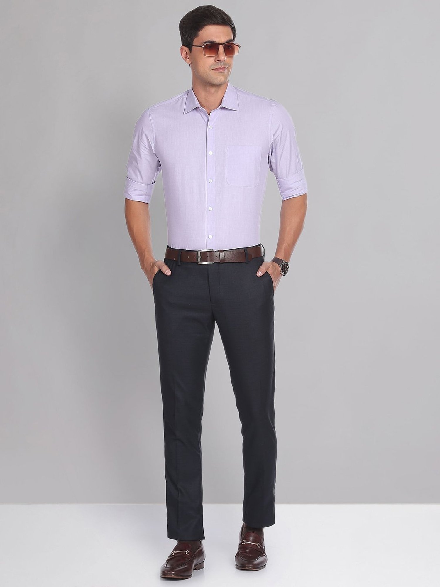 AD by Arvind Navy Slim Fit Flat Front Trousers