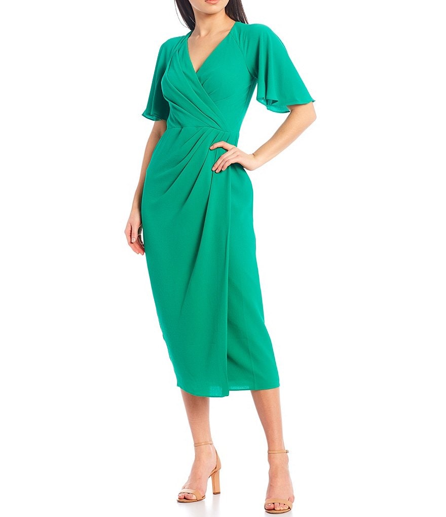 Maggy London Draped Faux Wrap Flutter Sleeve Crepe Midi Dress