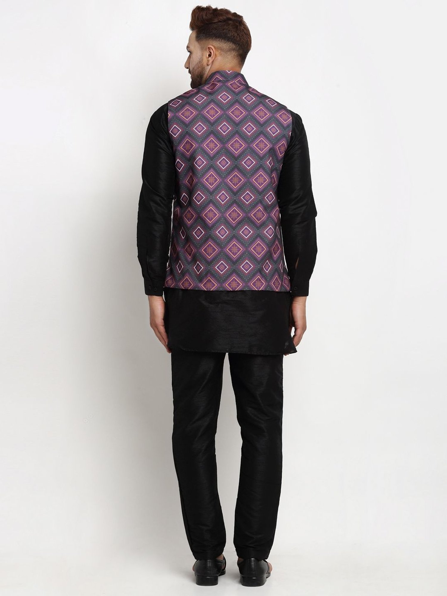 Benstoke Black & Purple Regular Fit Geometric Kurta Set With Jacket