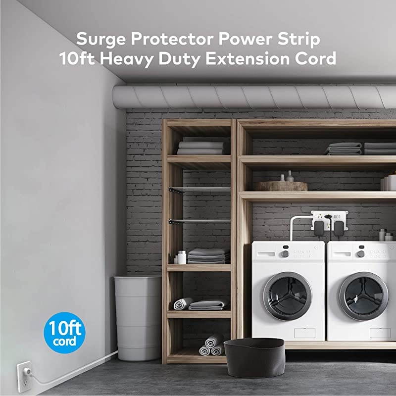 Power Strip Surge Protector Flat Plug, ETL Listed,  5 Widely-Spaced Outlets with 3 USB Ports, 1300 Joules, Low Profile Extension Cord 10ft, Wall Mountable, White