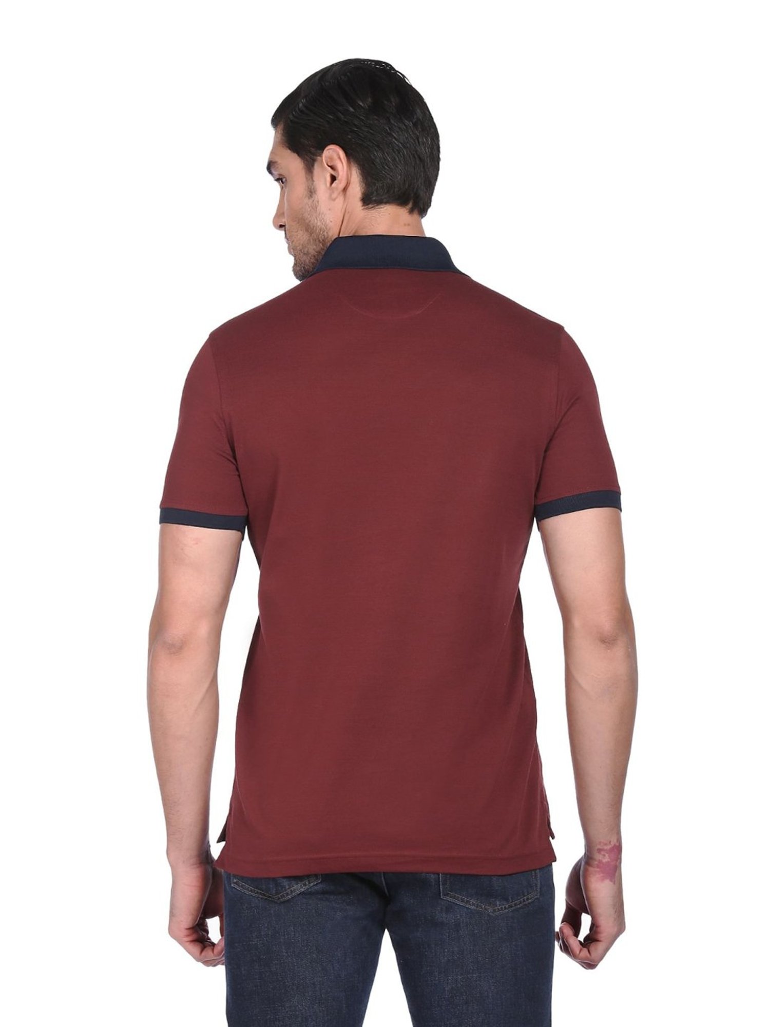 Arrow Maroon Cotton Regular Fit Colour Block Polo T-Shirt