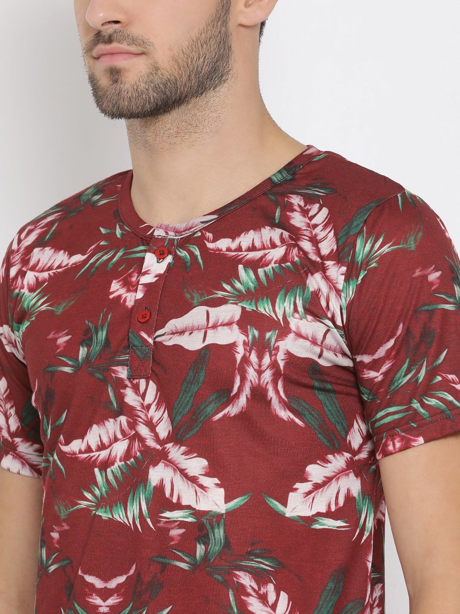 Hangup Plus Maroon Regular Fit Printed Henley T-Shirt