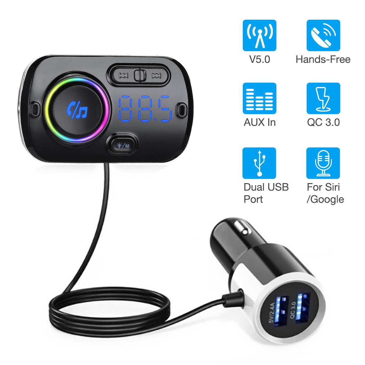 Bluetooth 5.0 Hands-Free Car Kits FM Transmitter AUX MP3 Player USB Fast Charging Charger for Smartphones Audio Players, Black
