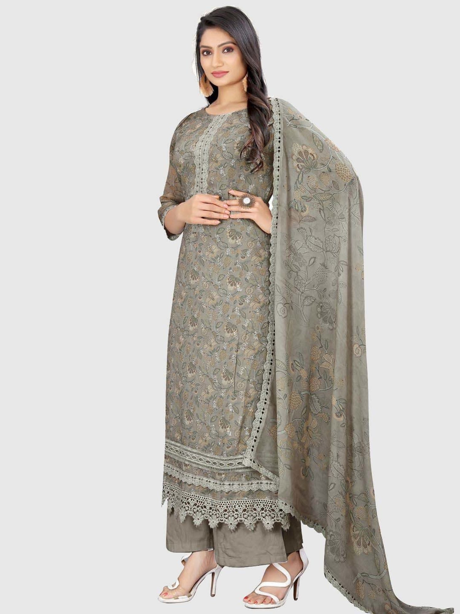 Stylee LIFESTYLE Grey Floral Print Unstitched Dress Material