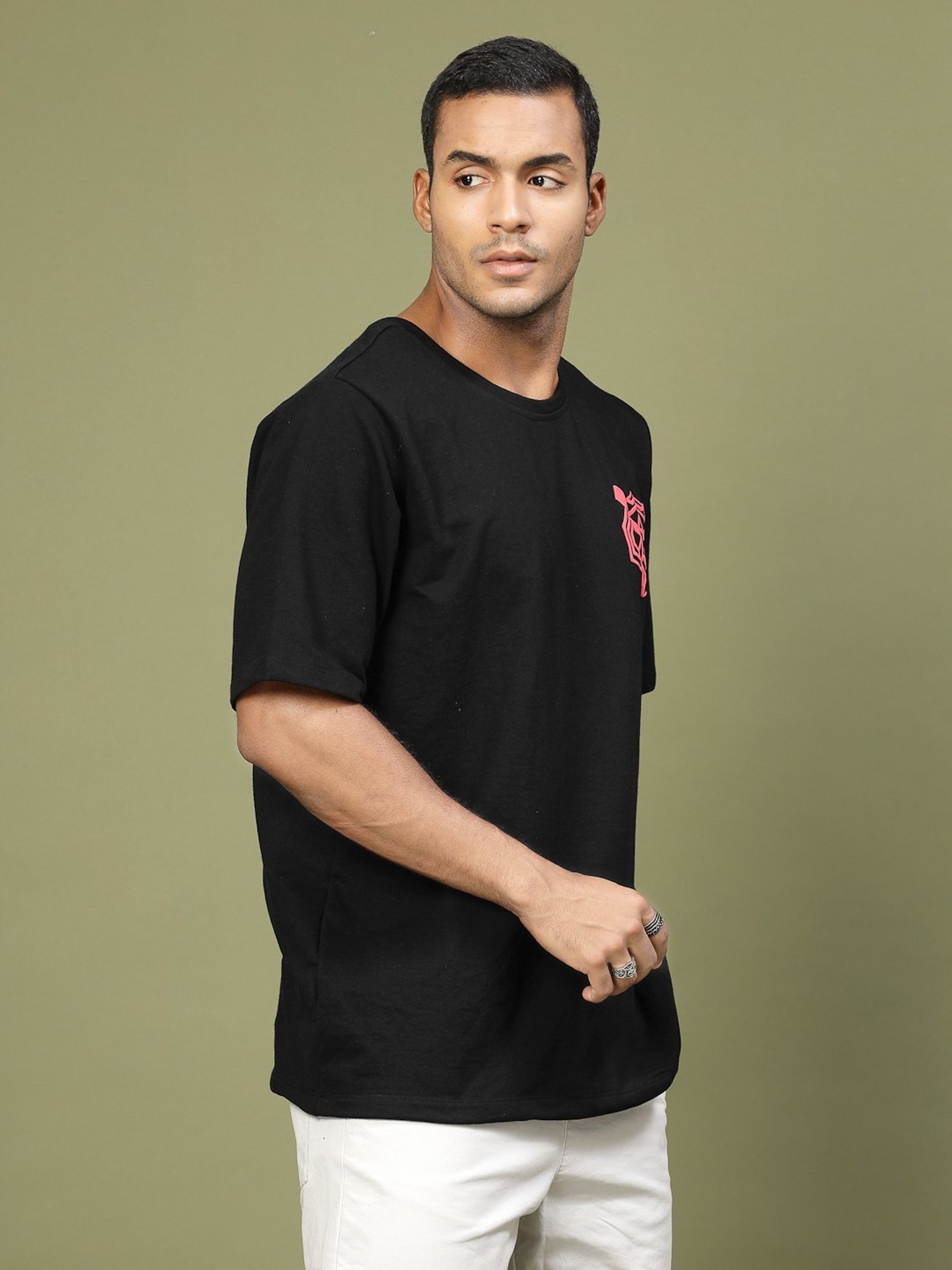 Rigo Jet Black Cotton Loose Fit Typography T-Shirt