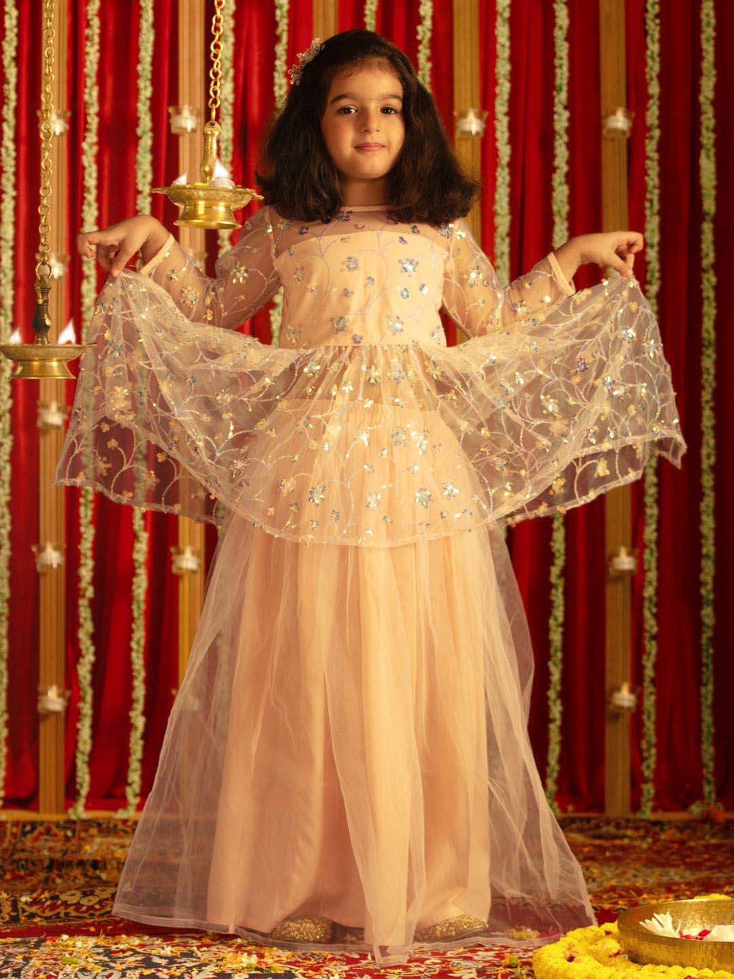 VASTRAMAY Girls Peach Embroidery Lehenga Cholis