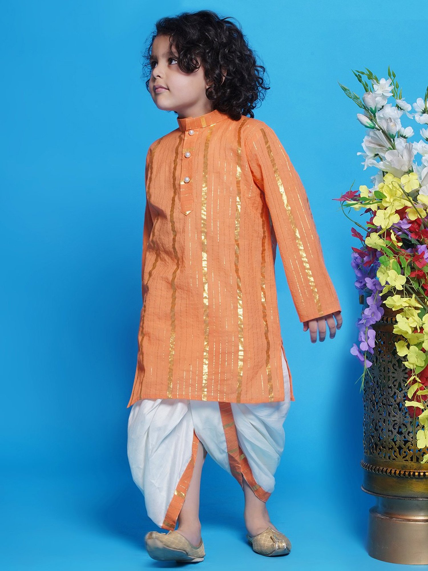 Little Bansi Kids Orange & White Self Design Full Sleeves Kurta with Dhoti