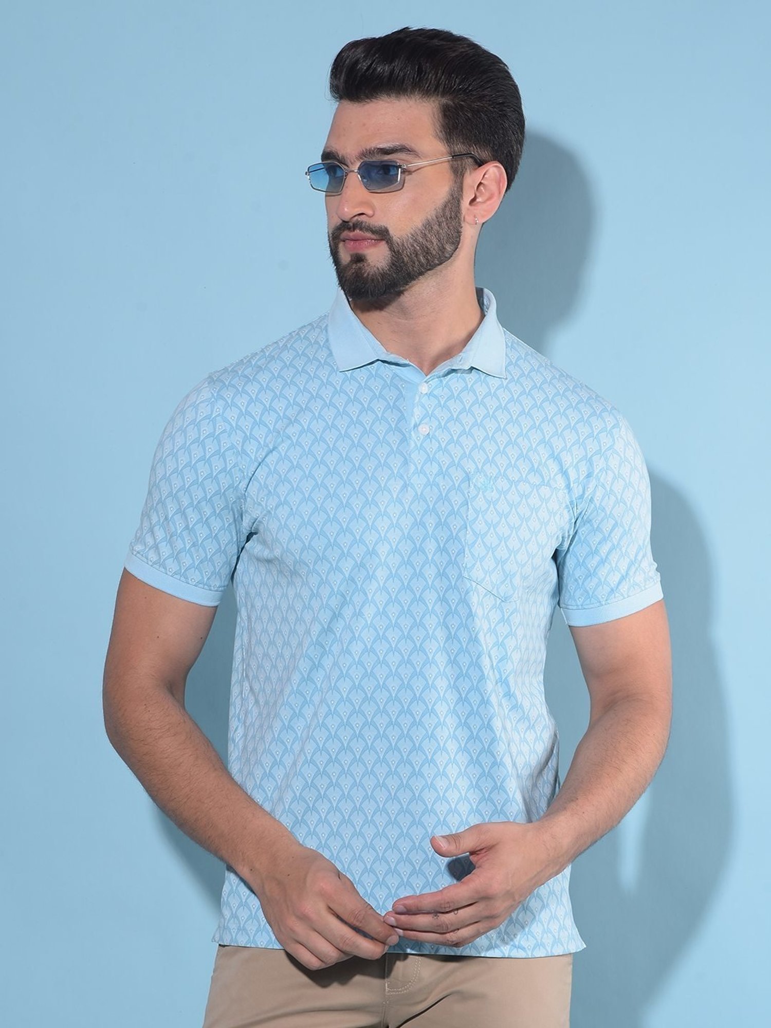 Crimsoune Club Blue Cotton Slim Fit Printed Polo T-Shirt