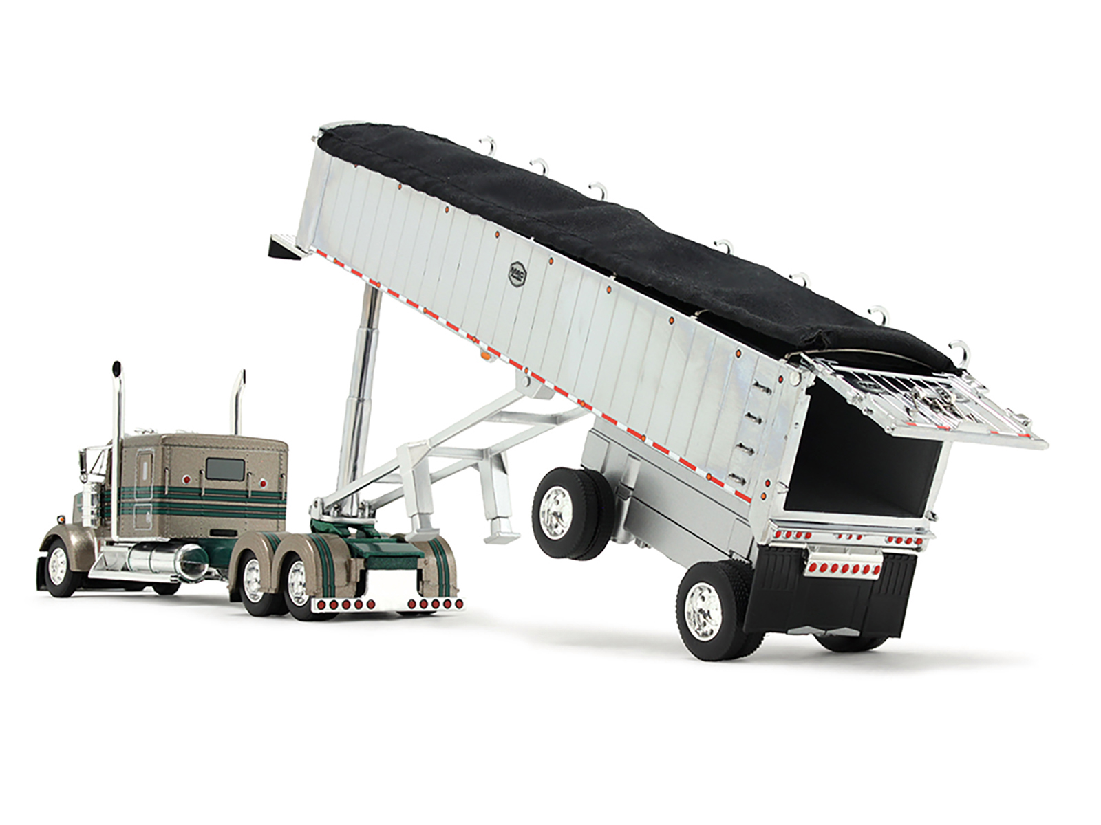 Kenworth W900L with 60" Flat Top Sleeper and MAC Coal End Dump Trailer "D&D Hauling & Excavating" Tan Metallic with Green Stripes 1/64 Diecast Model by DCP/First Gear