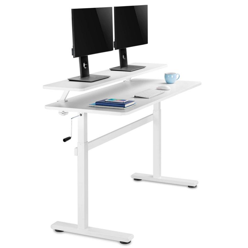 Tranzendesk Standing Desk with Clamp-On Shelf - 55" Sit to Stand Workstation with 55" Monitor Stand - White - Stand Steady