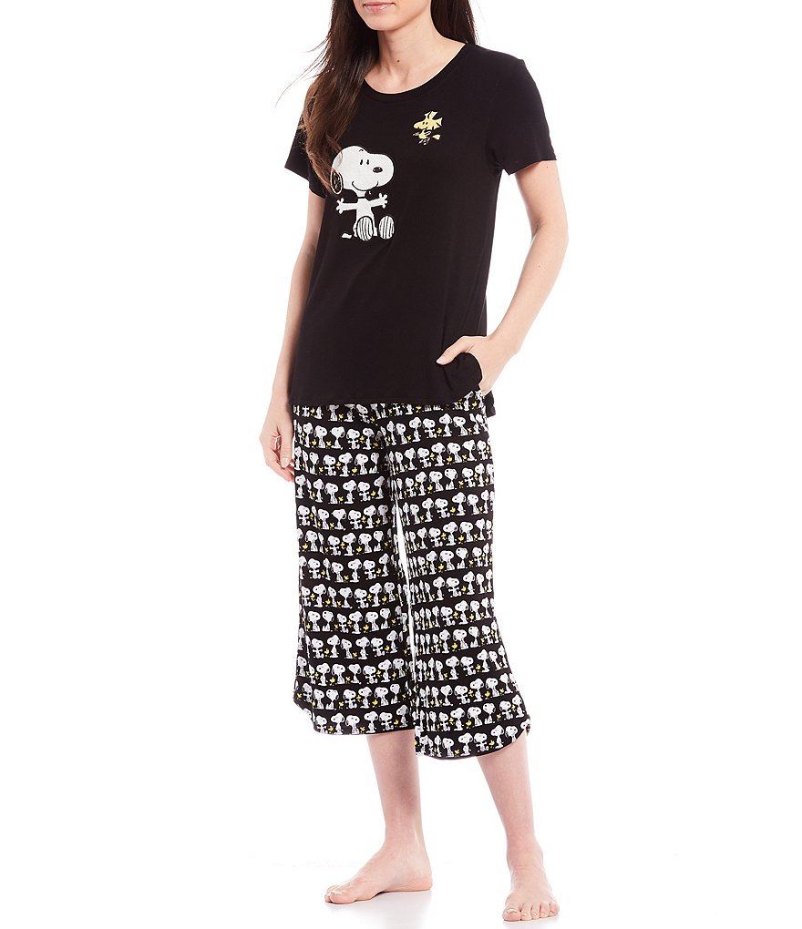 Peanuts Snoopy & Woodstock Appliqued Solid Jersey Knit Coordinating Sleep Tee