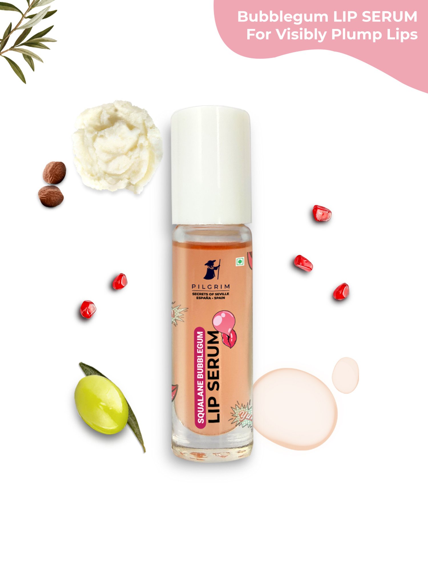 Pilgrim Squalane Bubblegum Lip Serum with Roll-On for Visibly Plump Lips - 6 ml