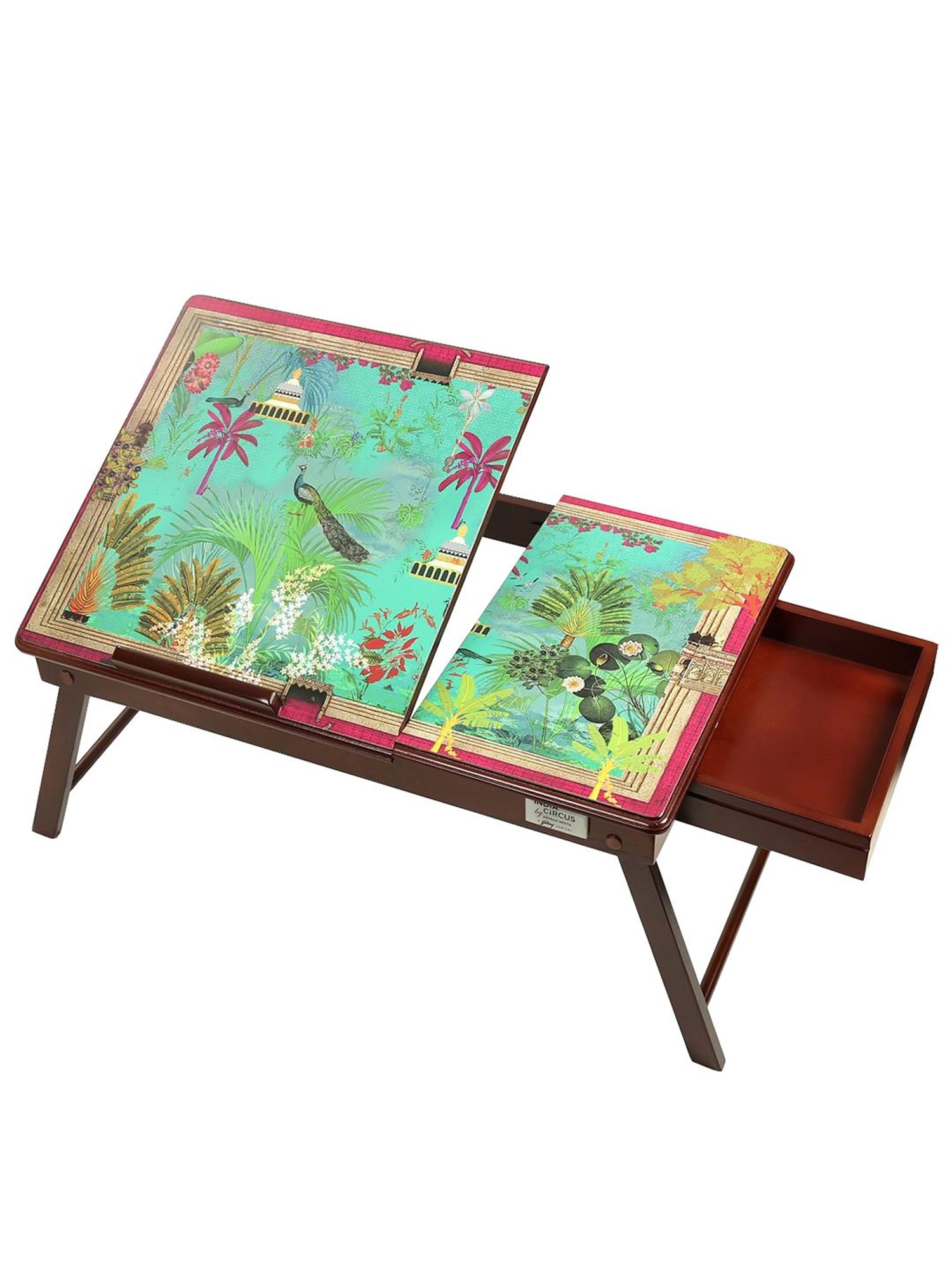 India Circus by Krsnaa Mehta Peacock Throne Printed Aqua Green Teak Wood Laptop Table