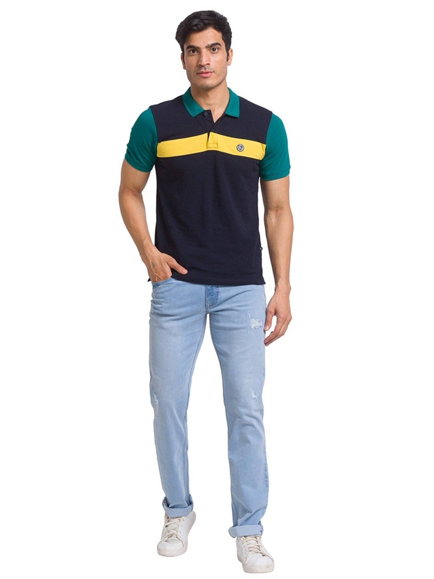 Parx Blue Cotton Regular Fit Printed Polo T-Shirt