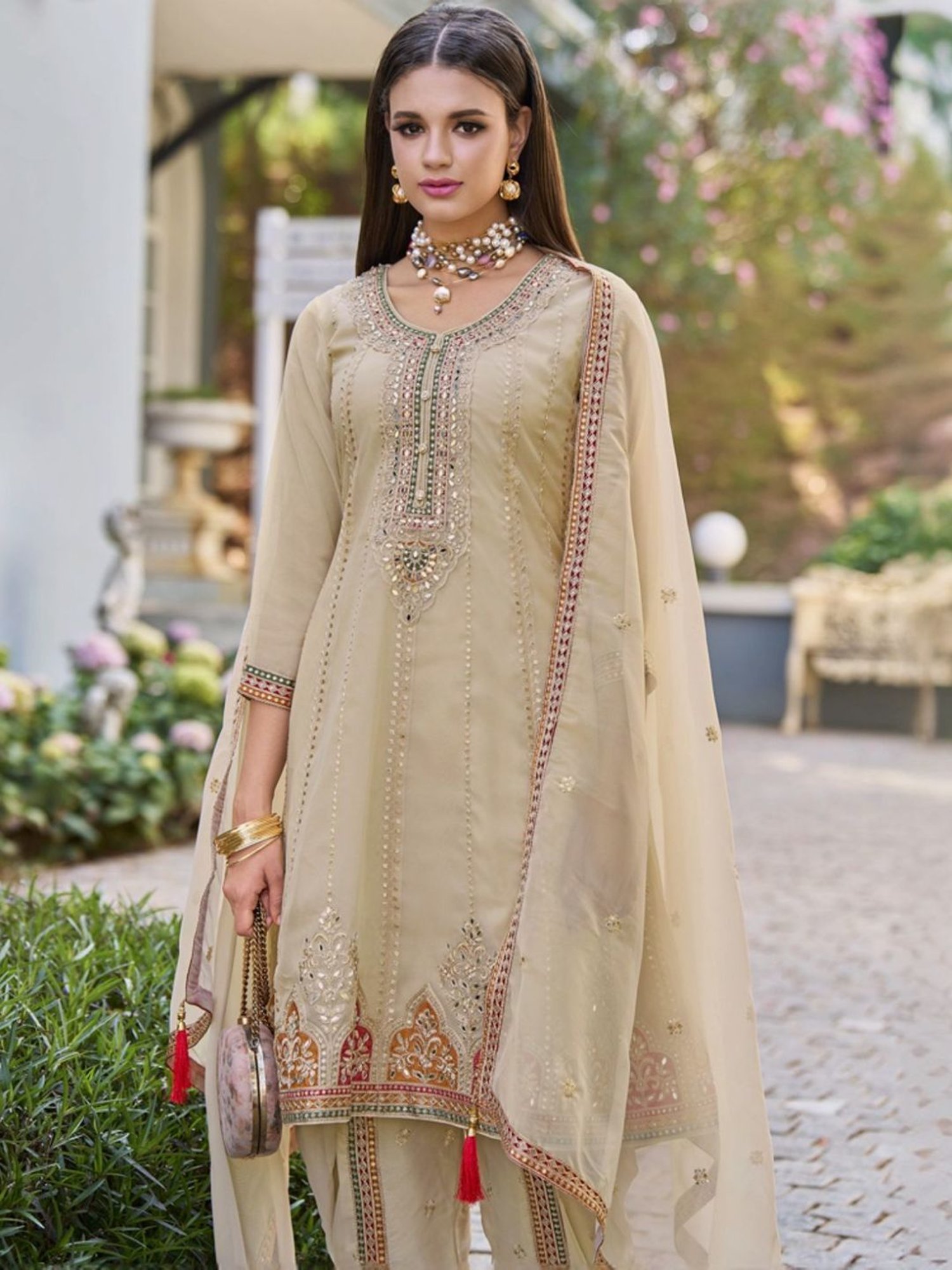 Autumnlane Beige Alia Gold Full Heavy Work Premium Kurta with Pant and Dupatta