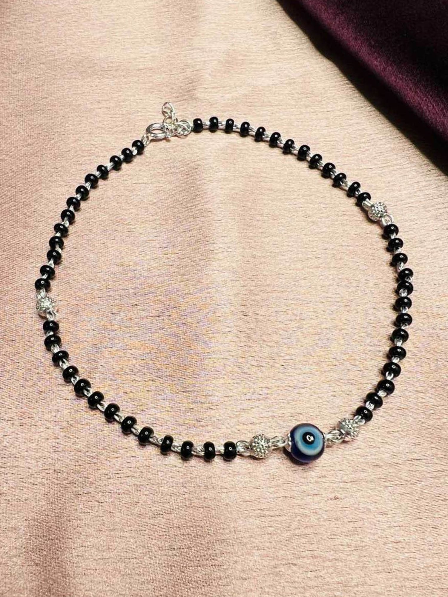 Arte Jewels 925 Sterling Silver Black Beads Evil Eye Anklet for Women & Girls (Single Anklet)