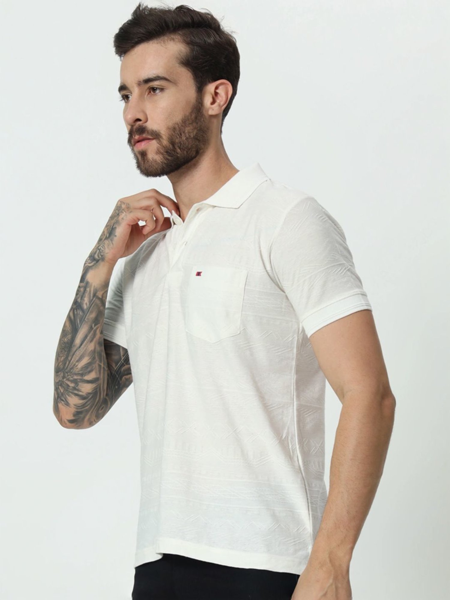 Tab91 White Regular Fit Self Pattern Polo T-Shirts