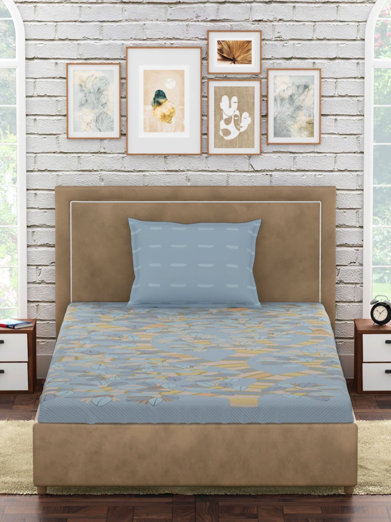 Petal Home Gondi Tree Floral Blue 300 TC Cotton Single Bed Sheet with 1 Pillow Cover