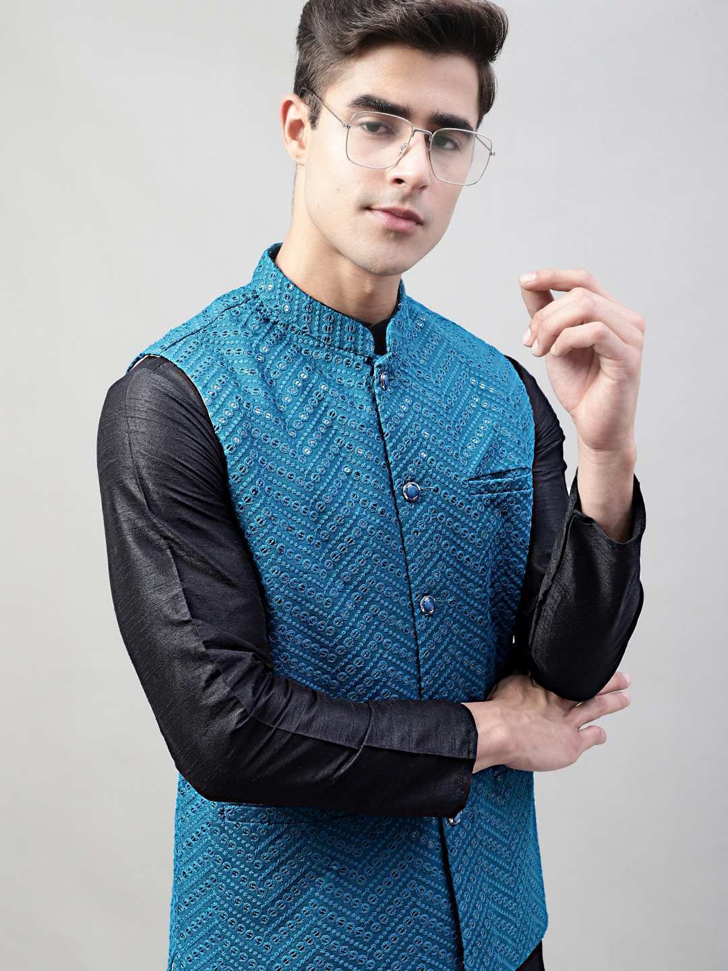Jompers Peacock Blue Regular Fit Embroidered Nehru Jacket