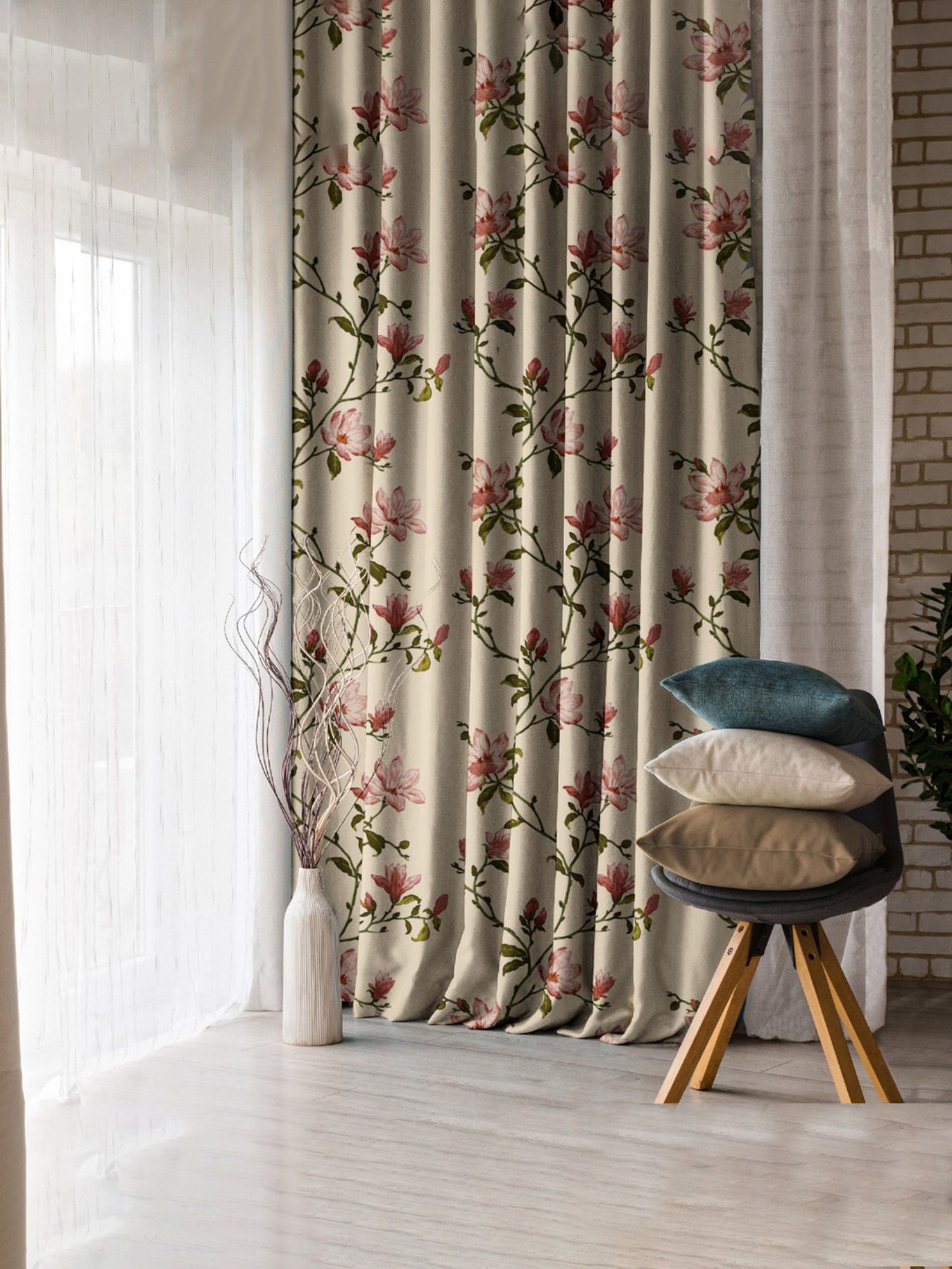 SPACES DRAPE STORY Elegant Printed Pink & Beige Polyester 7 ft Door Curtains - Set of 4