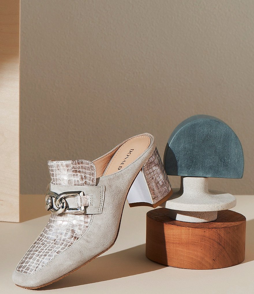 Donald Pliner Caape Suede Croco Print Chain Strap Mules