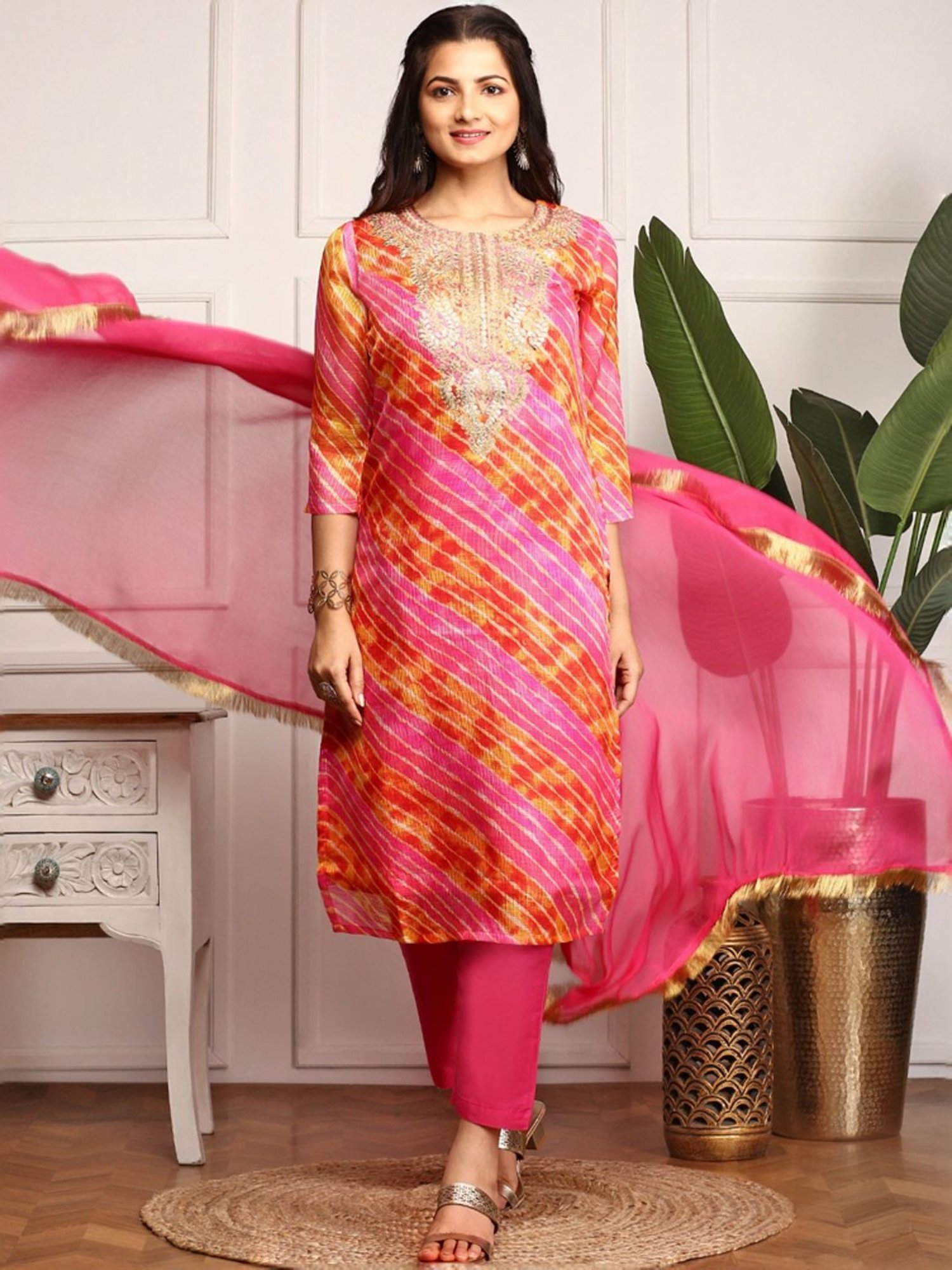 Ishin Pink Embroidered Kurta & Pants Set with Dupatta