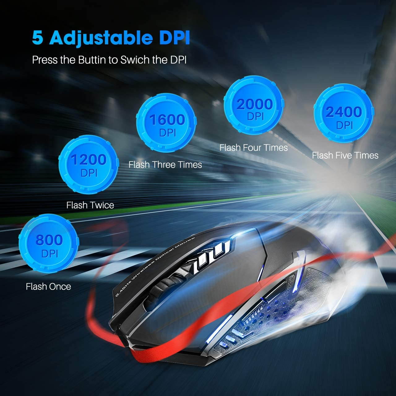 Wireless Gaming Mouse with Unique Silent Click, Breathing Backlit, 2 Programmable Side Buttons, 2400 DPI, Ergonomic Grips, 7-Button Design- Black