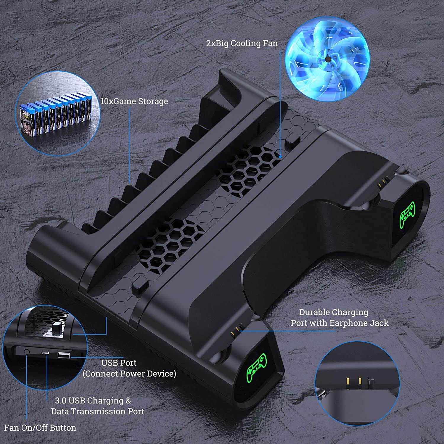 PS4 Stand Cooling Fan Station for Playstation 4/PS4 Slim/PS4 Pro, PS4 Pro Vertical Stand with Dual Controller EXT Port Charger Dock Station and 12 Game Slots
