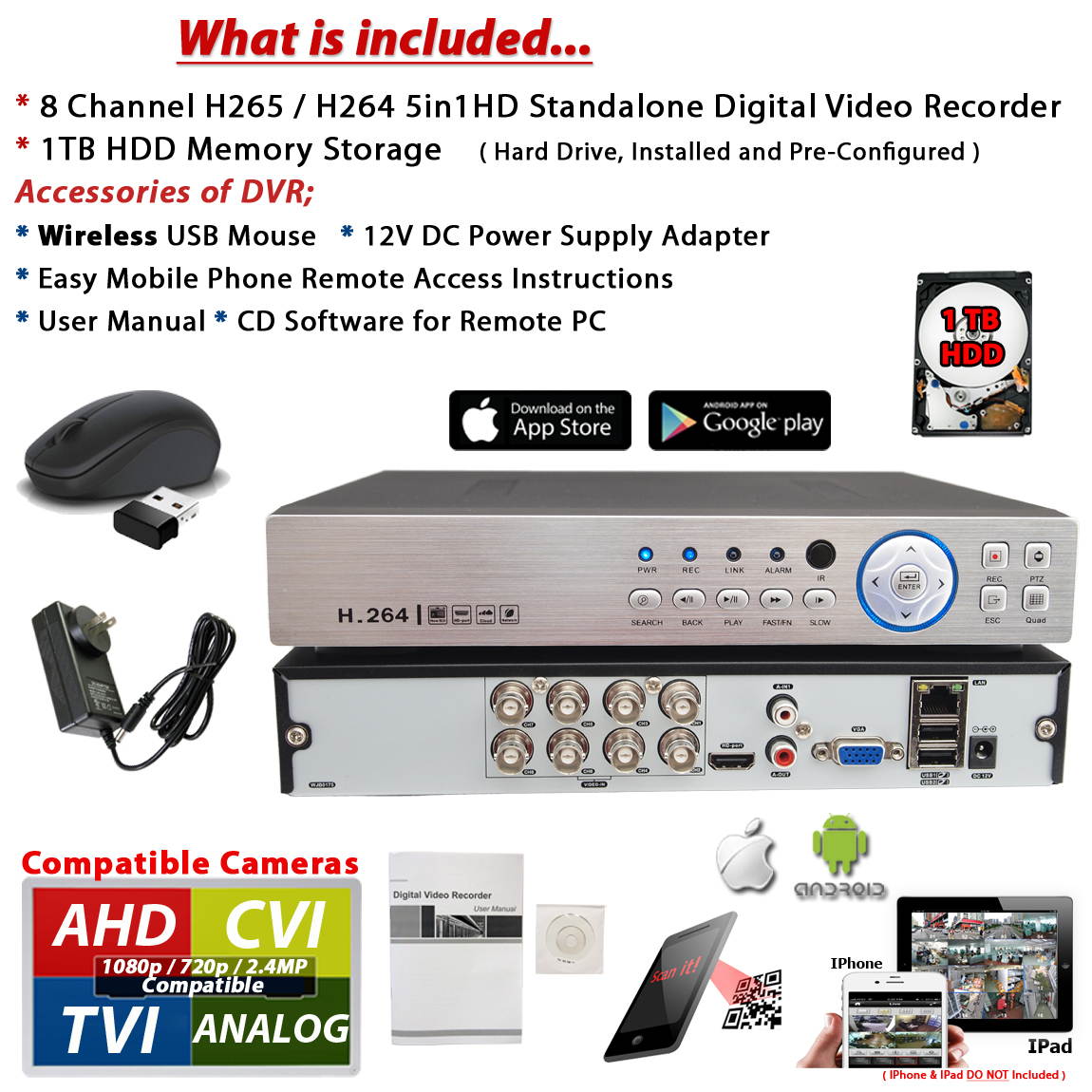 Evertech 8 Channel H.265 Security DVR with 1TB Hard Drive CCTV Surveillance Camera Video Recorder Standalone 4in1 TVI AHD CVI Analog Easy Remote Monitoring