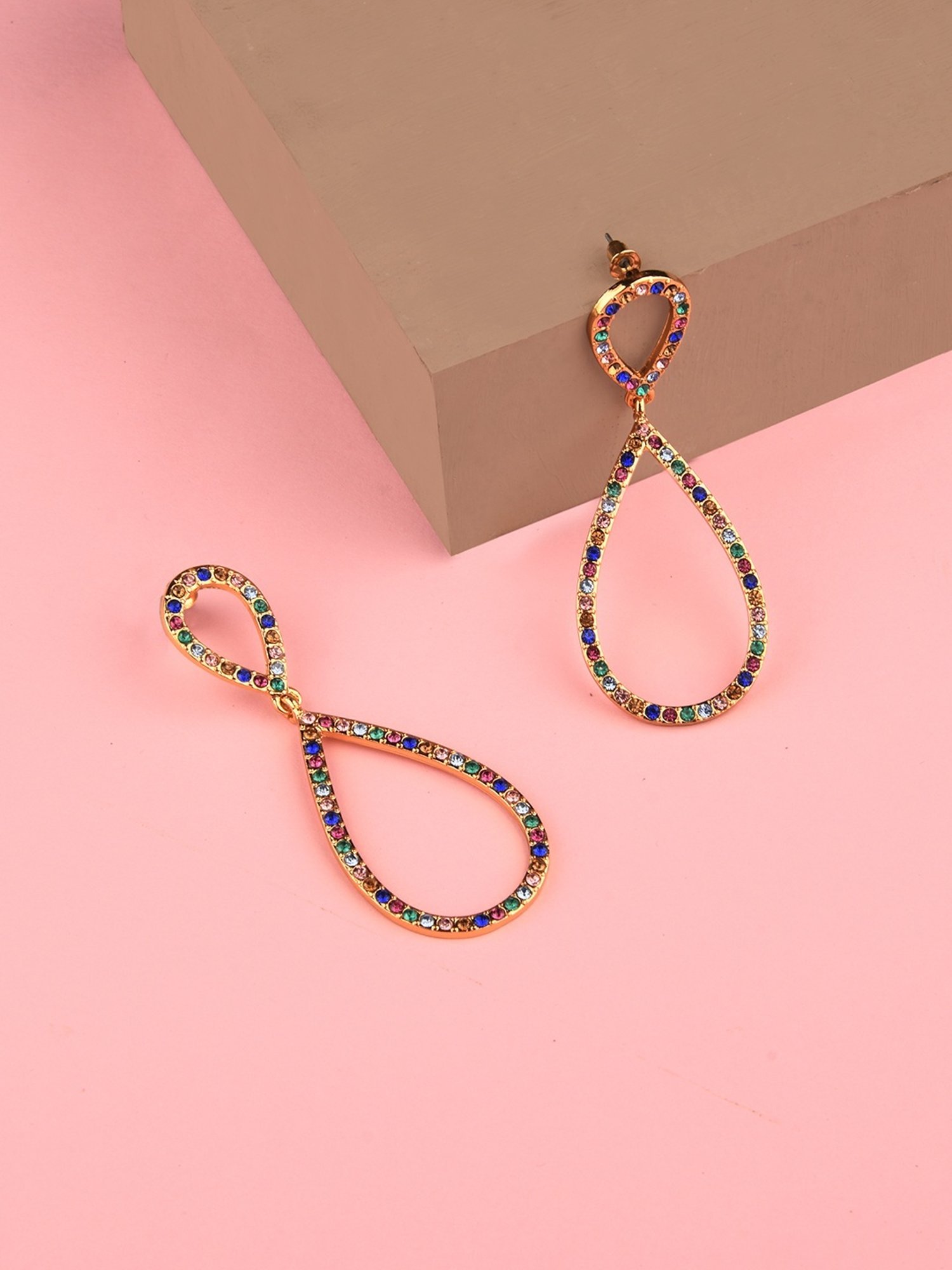 Lilly & Sparkle Gold-Toned Multi-Stoned Drop-Shaped Dangler Earrings