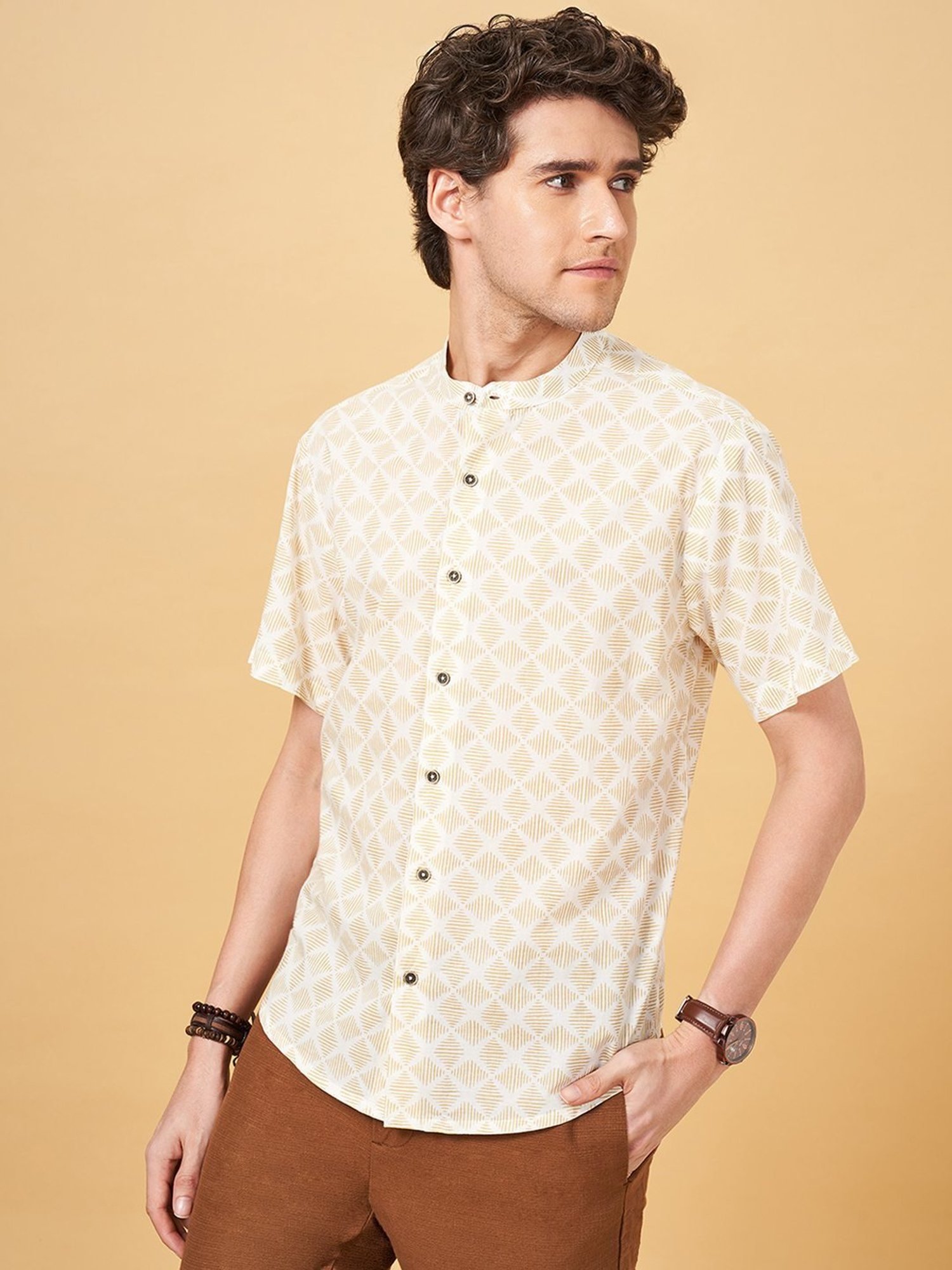 Indus Route by Pantaloons Honey Mustard Regular Fit Printed Shirt